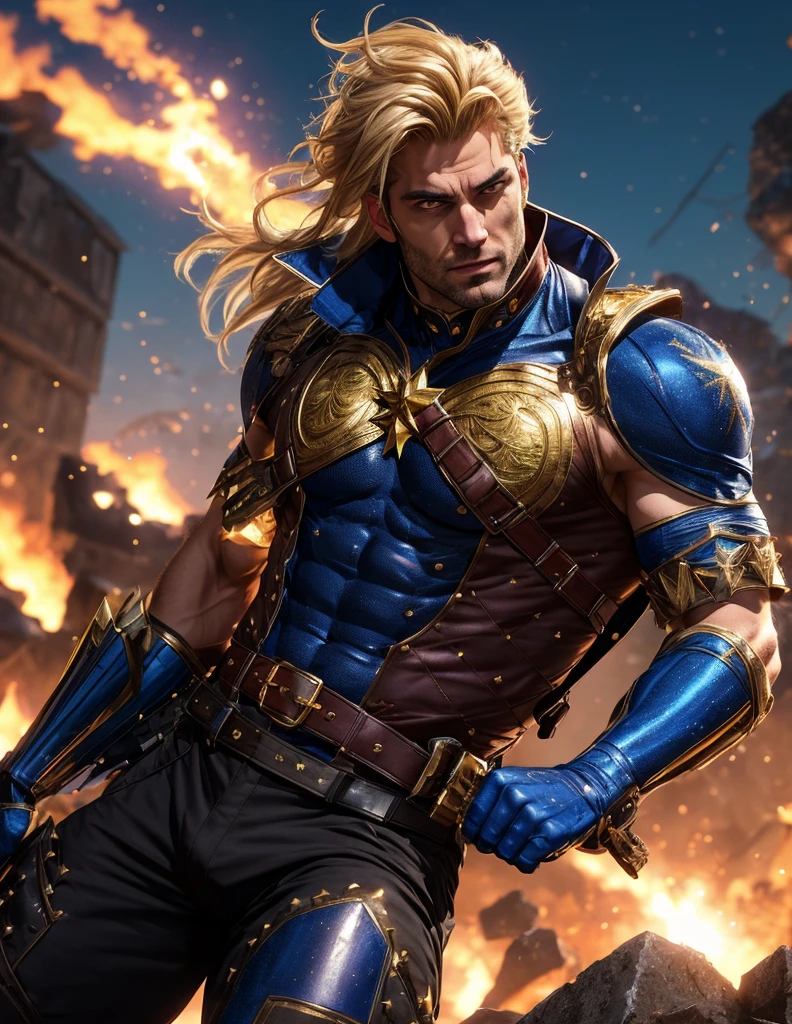   Gold man dressed in his traditional clothing ,  detailed facial features ,  expressive eyes and lips , strong and determined expression, short spiky therefore hair, wearing her iconic dark blue torn and sleeveless shirt with the seven distinct one-piece Don Kering stars tattooed prominently on her chest,  dark shoulder pads ,  high leather boots ,  and a torn belt , dynamic action pose,  standing or preparing to deliver a powerful blow in a vacant lot desolate , intense atmosphere,  comic book style ,  cell shading effect , vibrant colors,  contrasting with blue , therefore, and red tones ,   dramatic lighting   (best quality, highres),  emphasis on shadows and highlights ,  sharp details and textures ,  HD rendering ,  perfectly rendered muscles and clothing ,  meticulously designed facial expressions ,  particular attention to his eyes and penetrating attention to his eyes and seven stars in your chest , Transmitting your strength, resilience,  and legendary status .