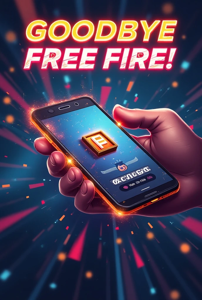 "Create an image featuring a digital illustration of a smartphone with the Free Fire game icon being deleted. Overlay the image with bold text that reads 'Goodbye Free Fire!' and prominently display the name 'Hangman' in an eye-catching font." Background Will be  Based on Free Fire theme