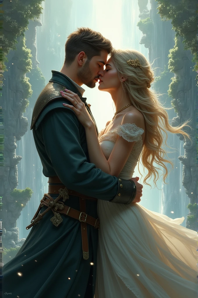 handsome black-haired guy with a cunny grin, elfin ears, black Prince's fairy knight suit with a crown of thorns, he is tied up to the chair, he is looking at girl above with passion, the girl is serious and beautiful in a black leather suit, she is furious, with a beautiful dagger in hand, she is about to kiss the guy, they are in a dark cabinet room, European people, realism, very detailed accurate faces, cinematographic style, highly detailed, hdr, perfect, beyond imagination, atmospheric perspective, 8k, super detail, accurate, best quality