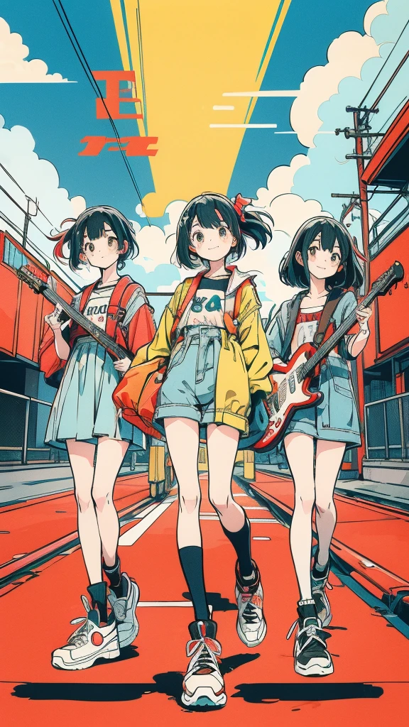 “A lively and colorful illustration inspired by 90s Japanese rock band album covers. The scene features a group of cheerful and energetic young people, dressed in casual, stylish rock-inspired clothing. They are posing confidently, with bright smiles and dynamic expressions, against a bold background of bright blue sky with white clouds. The overall style is playful, vibrant, and slightly retro, with strong primary colors like red, blue, and yellow. The characters are drawn in a cute and approachable manga-like style, emphasizing youth and positivity. Include elements like guitars, microphones, or a band logo in the background to enhance the rock band vibe.”