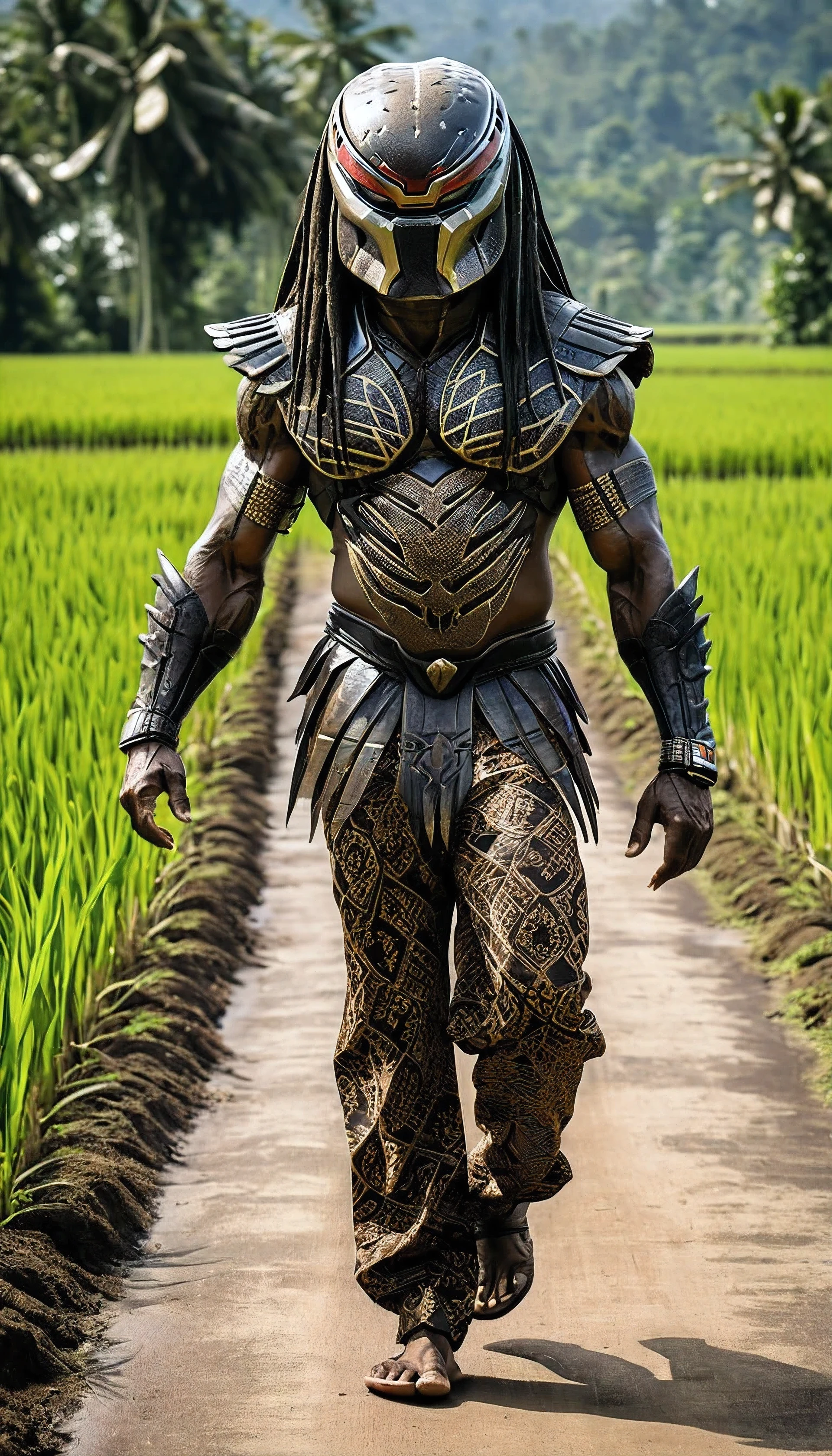 A photo of The Infamous Predator from the movie Predator. He is wearing Malaysia batik shirt and batik trousers.On top it's head there's batik pattern.The Predator is walking on a soil road between two paddy field squares in a village. The photo has a low angle view and is taken from the front. The background contains paddy fields.