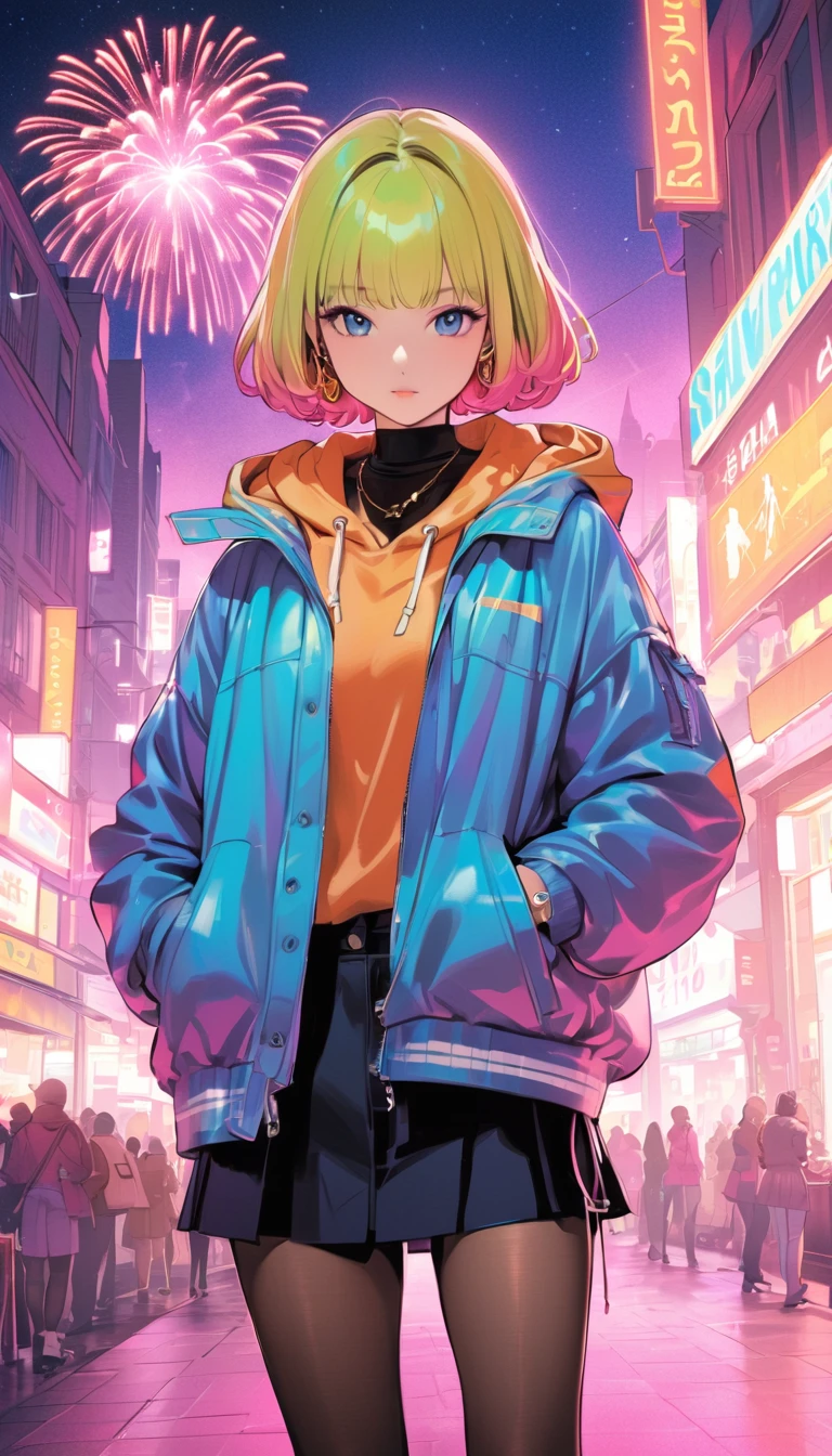 (Best Quality:1.2,   city pop style,   very detailed, up to date, Vibrant,   high contrast, masterpiece:1.2, Best Quality, Best aesthetics), girl, ((  Frontal Shots  :1.4)), Colorful Hair, Bobcut, Pastel colors, 1980s Style, ((Retro, Vintage, Plain background))Best Quality, 　masterpiece　  High Resolution  　masterpiece、Idol Group、 short bob hair、Cute girl、 Casual Hoodie Outfit 、 miniskirt 、 Thin Black Panty Stockings、 、 Fireworks festival background、Flowerpunk、Sparkling light particles、 Brilliant Gradient Effect  