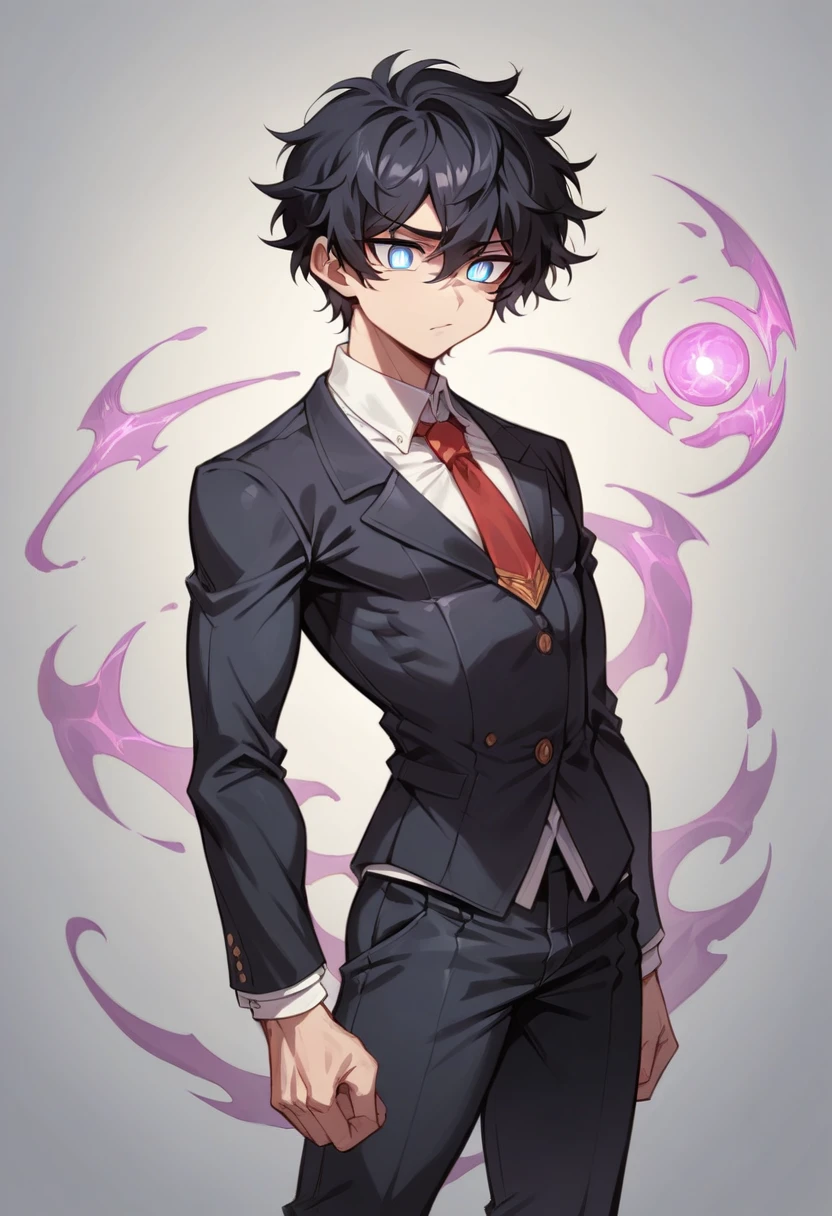 score_9, score_8_up, score_7_up, score_6_up, source_anime, Masterpiece, uncensored, BREAK, black haired boy, straight hair, muscular femboy, short hair, messy hair, tall man, dark blue eyes, white pupil, neutral face, giant male, black suit, red tie, black pants, black purple aura around body, mini giant boy, glowing body, glowing