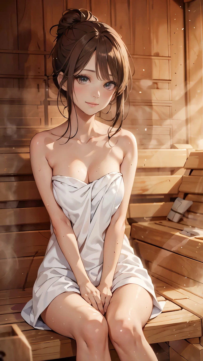 (Only one woman):1.5, (sauna:1.3), (whole body:1.3), (Hair Bun,  dark brown hair), ( ,  photoreal:1.4, Tabletop:1.3, RAW Photos:1.2, Cinematic Light,  VERY DETAILED ILLUSTRATION ), (A very carefully drawn face, Super Beautiful Maid, Super delicate eyes, Very detailed stuffy nose, Very sophisticated mouth,  highly detailed facial features , Ultra detailed body, Hip details, Thigh details), (Small breasts:1.3),  shows emphasis on the chest {x} and emphasizes muscles, Show off your décolletage, (A long dress made from very dense terry cloth..:1.3,  strapless ), (Sweat a lot), (Sitting on a wooden bench),  Leaning Forward , smile:0.8, Light and Shadow