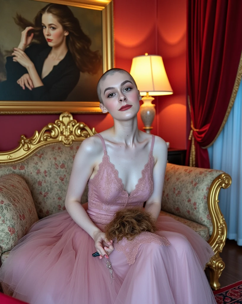 bald woman holding her cut-off hair(She is excitedly looking at the viewer), the scene is a surreal, luxurious image of a woman sitting elegantly on a lavish, baroque-style couch with ornate golden carvings. She is dressed in a flowing, pink dress with delicate lace details that catch the soft ambient light. (((Her pale head is shaved bald))), similar to her pale, freckled ethereal face. The room around her is richly decorated, with heavy velvet curtains in a deep crimson hue and walls adorned with intricate, golden floral patterns. A vintage lamp casts a warm glow, contrasting with the cool blue light that illuminates her. ((There is a large pile of hair on center of her lap, she is holding hair clippers)). The scene has a cinematic, dreamlike quality, with subtle hints of abstraction—the colors appear rich and saturated, giving the room an almost otherworldly atmosphere. (In the background, a mysterious, shadowy detailed painting of her with long flowing hair hangs on the wall), adding a sense of intrigue. 