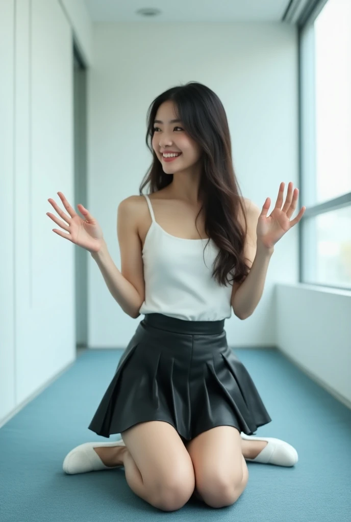 high quality, clear, There is a woman taking pictures wearing a latex miniskirt with her pussy visible., Shikamimi, japanese goddess,  in a dress, with black braided hair, Kudo Atsuko wearing latex clothes, Brutal Korean Goth Girl, Wearing boots, Spread your legs, whole body, , asian girl, Huge, Nipple exposure, Pussy exposure, big eyes, smile, Very slender waist, show armpits, 