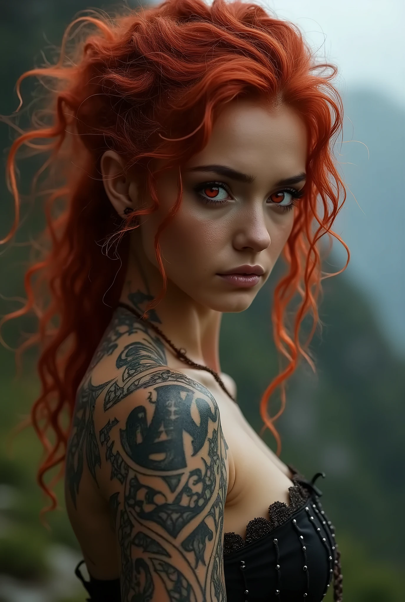 The badass ancient Greek mythology warrior, mature woman, strong body, (blue eyes), dark red hair,, battle scar's, gloomy weather, dark fantasy, dark atmosphere,tattoos,(massive perfect snoopy breast:1.0), massive perfect breast,,(muscular body:0.5), undercut hairstyles,,shot hair, (naked breast), (realistic skin texture:1.2),4k, (cinematic photography:1.0),,(head and breast closeup)