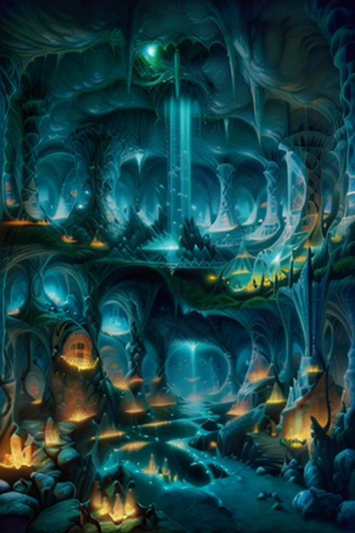 Abstract art, ( Surrealism ) a Surreal scene an underground world, underground city, Underworld, below ground. Underworld city. 