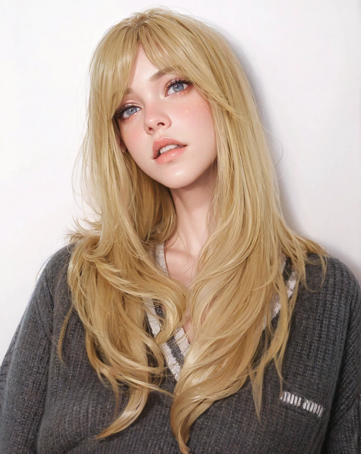 beautiful girl, blond hair blanco, wavy fur, greek goddess, beautiful eyes and perfect nose, soft skin, soft fur, Model, perfect girl,beautiful woman , (masterpiece),((ultra detailed)), (highly detailed CG illustration),(expressionless), (Best Quality:1.2),(1 girl:1.2),high quality texture, intricate details, detailed texture, a realistic representation of the face and person, detailed beautiful delicate face, Beautiful and delicate detailed eyes., pupil of the eye a face of perfect proportions, depth of field, perspective,20 years, thin face, (large eyes:1.2),blush,bright lips, perfect body, Skinny body, (narrow waist:1.3), big chest, distinct_Image, (shiny and pale skin), Focus on face , (blond hair blanco ), (beautiful finely detailed eyes and detailed face), (for white ), contrast 