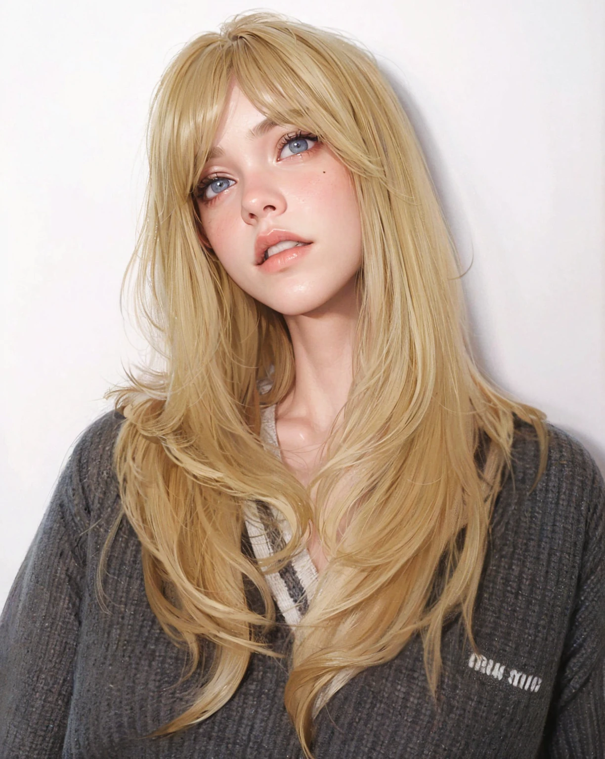 beautiful girl, blond hair blanco, wavy fur, greek goddess, beautiful eyes and perfect nose, soft skin, soft fur, Model, perfect girl,beautiful woman , (masterpiece),((ultra detailed)), (highly detailed CG illustration),(expressionless), (Best Quality:1.2),(1 girl:1.2),high quality texture, intricate details, detailed texture, a realistic representation of the face and person, detailed beautiful delicate face, Beautiful and delicate detailed eyes., pupil of the eye a face of perfect proportions, depth of field, perspective,20 years, thin face, (large eyes:1.2),blush,bright lips, perfect body, Skinny body, (narrow waist:1.3), big chest, distinct_Image, (shiny and pale skin), Focus on face , (blond hair blanco ), (beautiful finely detailed eyes and detailed face), (for white ), contrast 