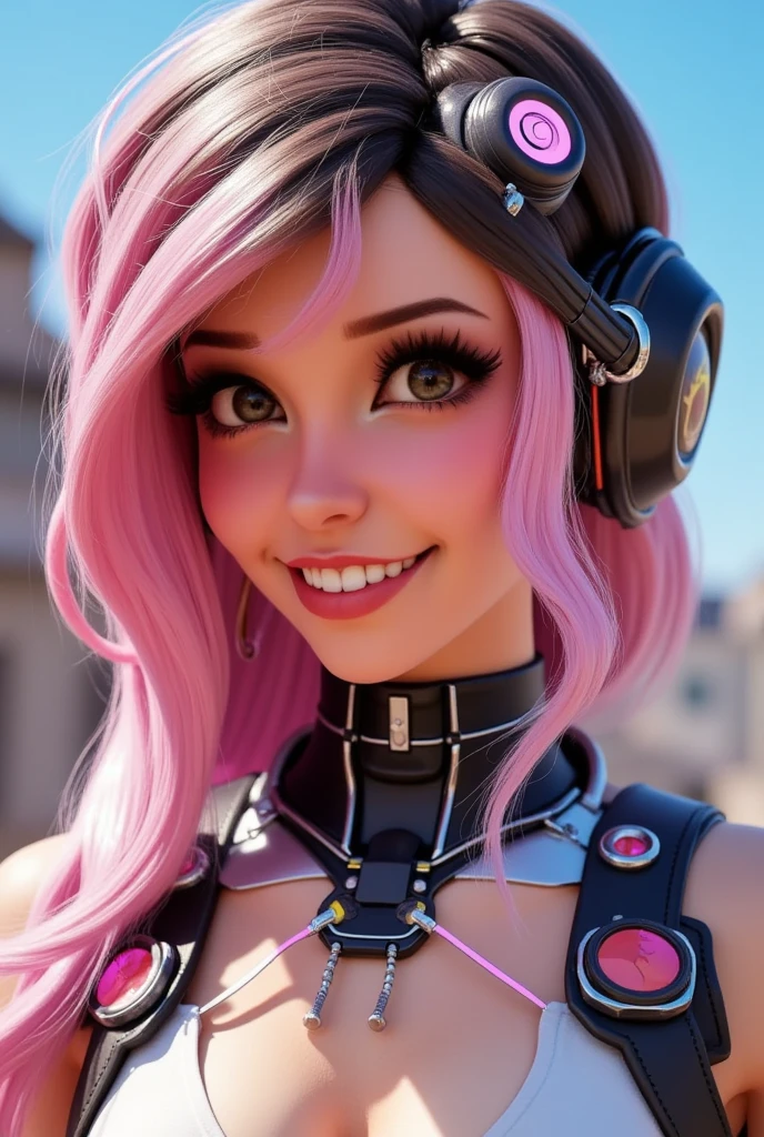 Fornite skin, as a cyborg, she has seamless robotic parts joined to her body, close up portrait, vibrant smile 