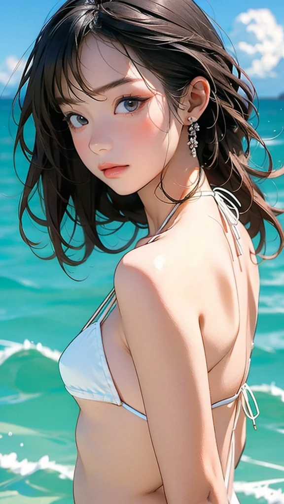 (ars old:1.4),(Very Young Face), (japan Person famous idol), 1girl, 1girl, (Extremely small white micro bikini style:1.4), Stroll along the seaside, sunshine, (masterpiece:1.0),(best_quality:1.0), ultra high res,4K,ultra-detailed, photography, 8K, HDR, highres, (perfect anatomy:1.2),(Beauty of form:1.4) Golden ratio, big eye,(nature's providence:1.4),