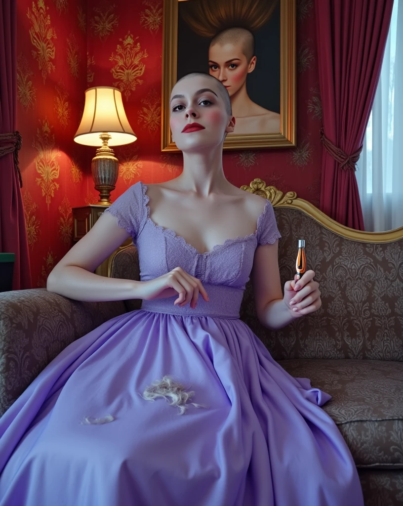 (A bald woman is excitedly looking at the viewer), the scene is a surreal, luxurious image of a woman sitting elegantly on a lavish, baroque-style couch with ornate golden carvings. She is dressed in a flowing, purple dress with delicate lace details that catch the soft ambient light. (((Her head is shaved bald and pale))), similar she has a pale freckled ethereal face. The room around her is richly decorated, with heavy velvet curtains in a deep crimson hue and walls adorned with intricate, golden floral patterns. A vintage lamp casts a warm glow, contrasting with the cool blue light that illuminates her. ((There is a large pile of hair on center of her lap, she is holding hair clippers showing the viewer)). The scene has a cinematic, dreamlike quality, with subtle hints of abstraction—the colors appear rich and saturated, giving the room an almost otherworldly atmosphere. (In the background, a mysterious, shadowy detailed painting of her with long flowing hair, hangs on the wall), adding a sense of intrigue. 