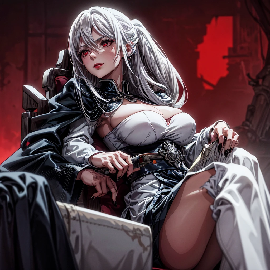 Best Quality, (Masterpiece:1.2), High Detailed, Cat Ears, 1girl, solo, tojo koneko, looking at the viewer, closed mouth, light smile, red eyes, white hair, short hair, hair decoration, cleavage, black neckband, erotica, sleeveless, (whole body, close-up), bare legs, (((bloody, scared, blood, evil))), healthy skin, ((seated)), ((bra)), ((punished, punishment, pain)), (prison cell)