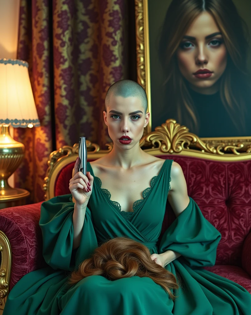 (A woman is excitedly looking at the viewer), the scene is a surreal, luxurious image of a woman sitting elegantly on a lavish, baroque-style couch with ornate golden carvings. She is dressed in a flowing, green dress with delicate lace details that catch the soft ambient light. (((Her head is shaved bald and pale))), similar she has a pale freckled ethereal face. The room around her is richly decorated, with heavy velvet curtains in a deep crimson hue and walls adorned with intricate, golden floral patterns. A vintage lamp casts a warm glow, contrasting with the cool blue light that illuminates her. ((There is a large pile of hair on center of her lap, she is holding hair clippers showing the viewer)). The scene has a cinematic, dreamlike quality, with subtle hints of abstraction—the colors appear rich and saturated, giving the room an almost otherworldly atmosphere. (In the background, a mysterious, shadowy detailed painting of her with long flowing hair, hangs on the wall), adding a sense of intrigue.
