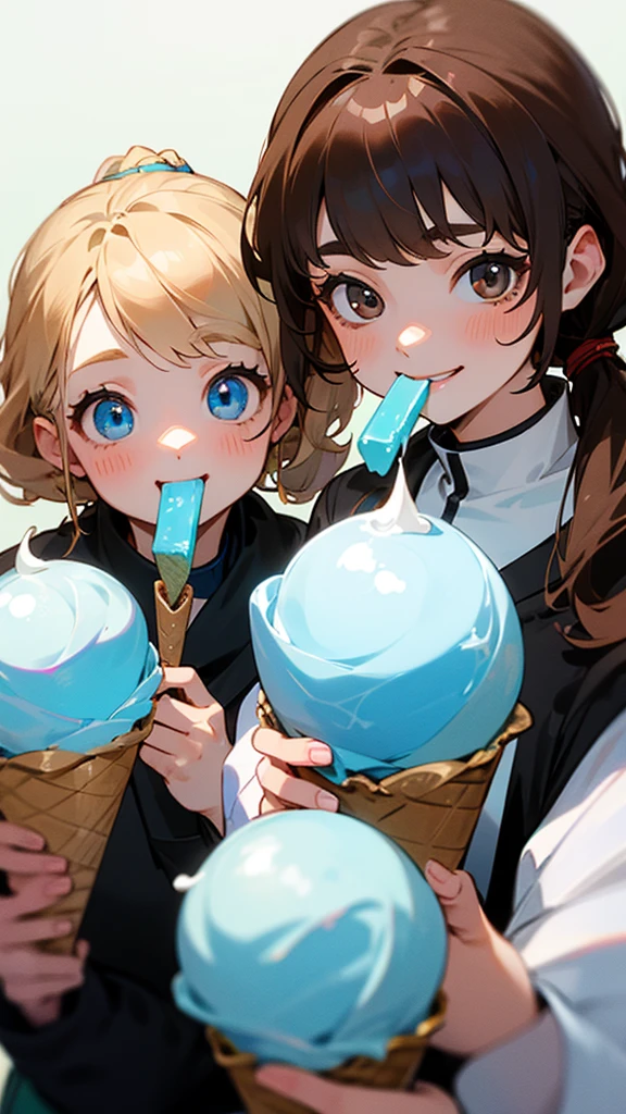 best quality, ultra detailed, beautiful detailed face, coopfellatio, fellatio, licking,1boy,2girls, ice-cream, <lora:coop_Fellatio:1>,