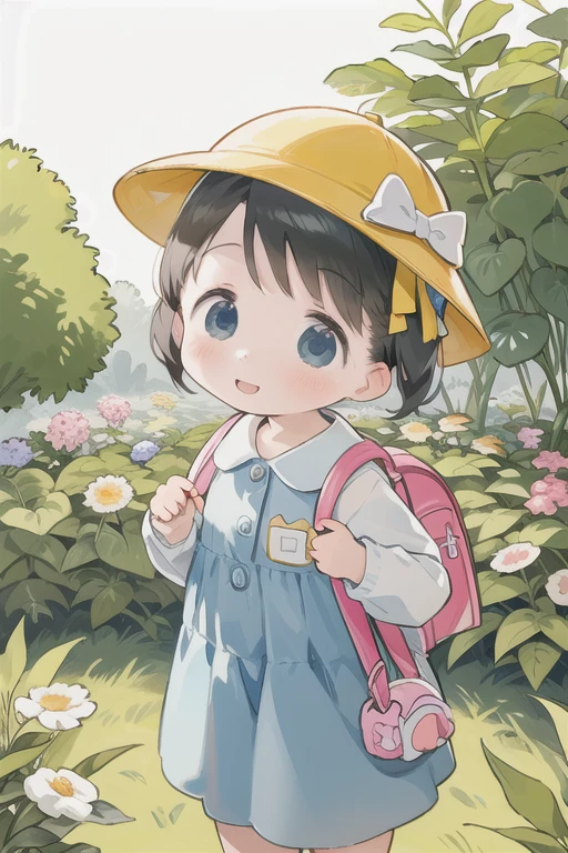  cute girl 、Kindergarten girl、Kindergarten uniform、Kindergarten bag、Kindergarten hats、An innocent smile、Jump、garden