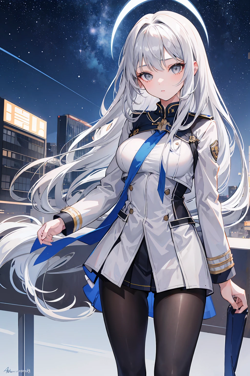 masterpiece, Highest quality, High resolution, One girl, white Capelet, Capelet, Blonde, Twin tails, chest, low Twin tails, hair band, Long Hair, blue eyes, Earrings, white hair band, uniform, dress, triangle Earrings, army, large chest, Hair behind the ear, jewelry, blue dress, army uniform, bangs, Black Pantyhose, Mitsuba 1,