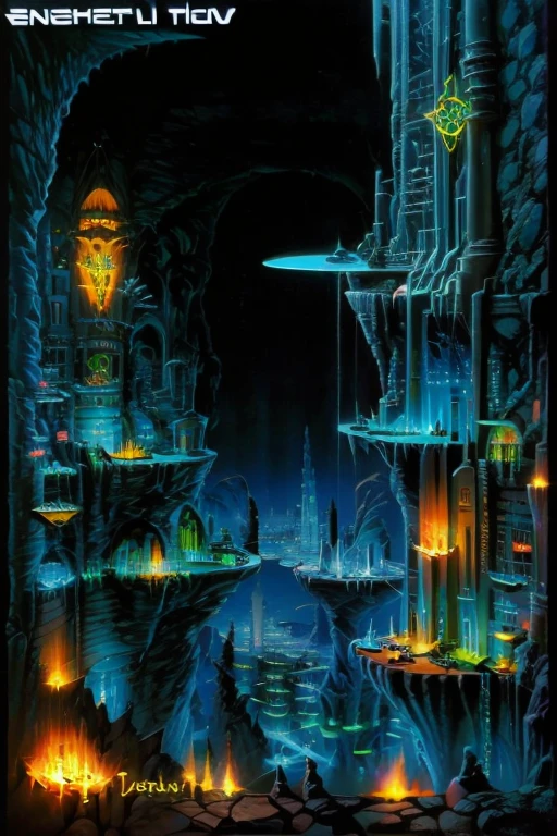 Abstract art, ( Surrealism ) a Surreal scene an underground world, underground city, Underworld, below ground. Underworld city. 