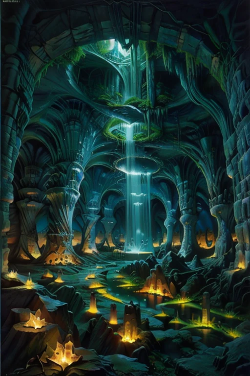 Abstract art, ( Surrealism ) a Surreal scene an underground world, underground city, Underworld, below ground. Underworld city. 