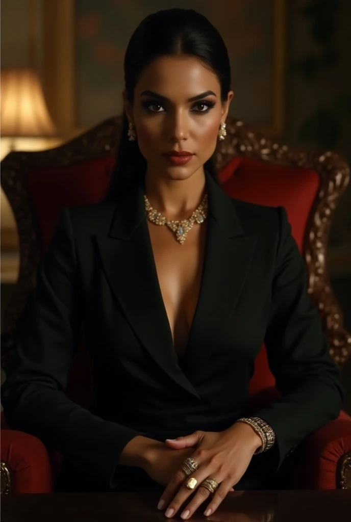 there is a　mafia woman in a suit sitting on a red couch, a screenshot inspired by Rudolf von Alt, tumblr, renaissance, wearing a strict business suit, girl in suit, wearing black business suit, girl in a suit, in a business suit, in strict suit, wearing black suit, with a business suit on, wearing business suit, luxurious suit