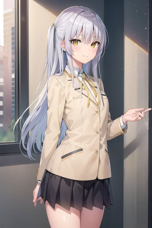 1girl,solo,long hair, blue silver hair, (yellow eyes:1.3), angel beats,
BREAK school uniform, jacket, blazer, skirt, white socks, shoes, kanadests girl, with angel wings on back,
BREAK (standing:1.1),
BREAK smile,
BREAK (from front), cowboy shot,
BREAK (best quality, masterpiece, detailed:1.1), HD, (illustration:0.9), (beautiful detailed eyes:1.6), extremely detailed face, perfect lighting, extremely detailed CG, (perfect hands, perfect anatomy),