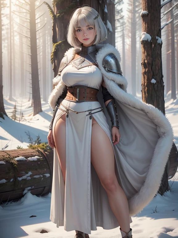 A beautiful girl with a mischievous smile, ((best quality))) (((HD))) (((8k))) (character) 20-year-old girl, ((adventurous)), ((short white and silver tone hair)) and (hair just touching shoulders:1.2) and (bob cut)),, voluptuous, Brown hair body large breasts thick thighs, ((long skirt)) and (long dress)), light fantasy leather armor, fully clothed, red and brown, looking at viewer, in abandoned ruins, long hair blowing in wind blushing determination, 8k, extreme detail, sketch art, relaxed, She stands in a snowy conifer forest landscape, warm Inuit clothing, fur coat, solo, Full-body image
