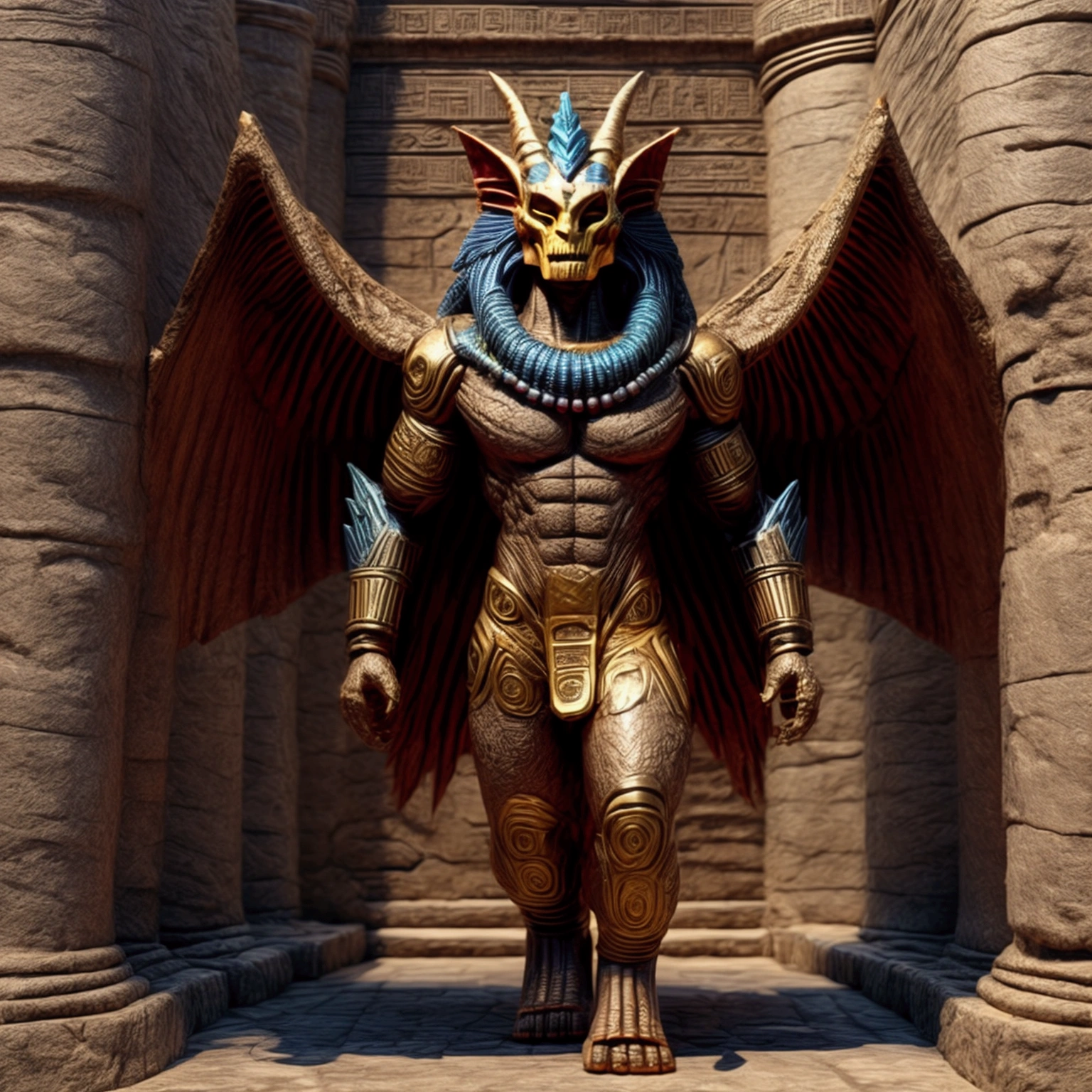 3D renderings, full-body images, toys, plastic models, one action figure kit, fusion of ancient relics, vivid colors, evil gods, demon monsters, powered suits, holding flaming swords, walking upright on two legs, sphinx heads, sunshade clay figurine head designs on chests, Jomon pottery patterns, crystal skulls, the god Ifa, giant Yaksha statues of Ashura, Garuda from Eastern mythology, humanoids from Inca and Mayan civilizations, ornaments and patterns from ancient civilizations, murals designed on limbs, humanoids, vibrant color digital images.