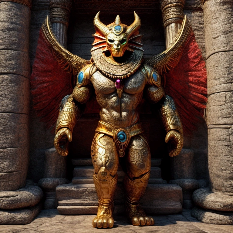 3D renderings, full-body images, toys, plastic models, one action figure kit, fusion of ancient relics, vivid colors, evil gods, demon monsters, powered suits, holding flaming swords, walking upright on two legs, sphinx heads, sunshade clay figurine head designs on chests, Jomon pottery patterns, crystal skulls, the god Ifa, giant Yaksha statues of Ashura, Garuda from Eastern mythology, humanoids from Inca and Mayan civilizations, ornaments and patterns from ancient civilizations, murals designed on limbs, humanoids, vibrant color digital images.