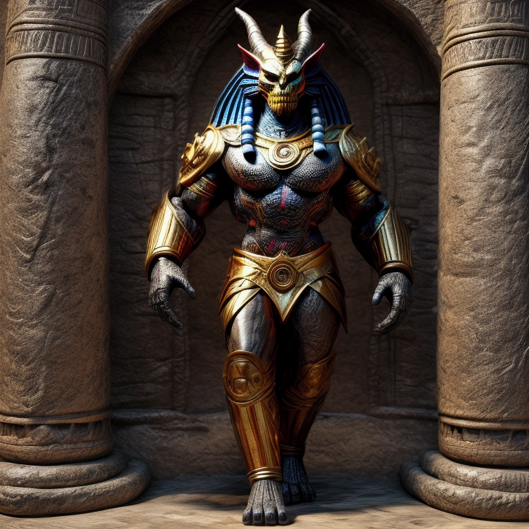 3D renderings, full-body images, toys, plastic models, one action figure kit, fusion of ancient relics, vivid colors, evil gods, demon monsters, powered suits, holding flaming swords, walking upright on two legs, sphinx heads, sunshade clay figurine head designs on chests, Jomon pottery patterns, crystal skulls, the god Ifa, giant Yaksha statues of Ashura, Garuda from Eastern mythology, humanoids from Inca and Mayan civilizations, ornaments and patterns from ancient civilizations, murals designed on limbs, humanoids, vibrant color digital images.