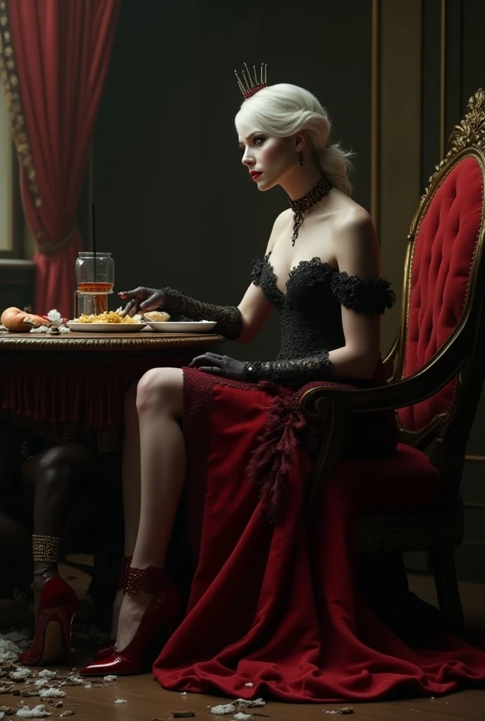 A very angry, evil French woman, with white skin, mahogany red hair, wearing a blue miniskirt, white gloves, luxurious jewelry, red sandals high heeled, pretty feet with black nails, is sitting in an armchair smoking a cigarette and exhaling smoke while resting her feet, on the Head of a child black, dirty, thin, starving and bleeding, dressed in dirty clothes, lying on the floor while crying with his mouth open.
At the back is an elegant and decorated room, with a lit fireplace.