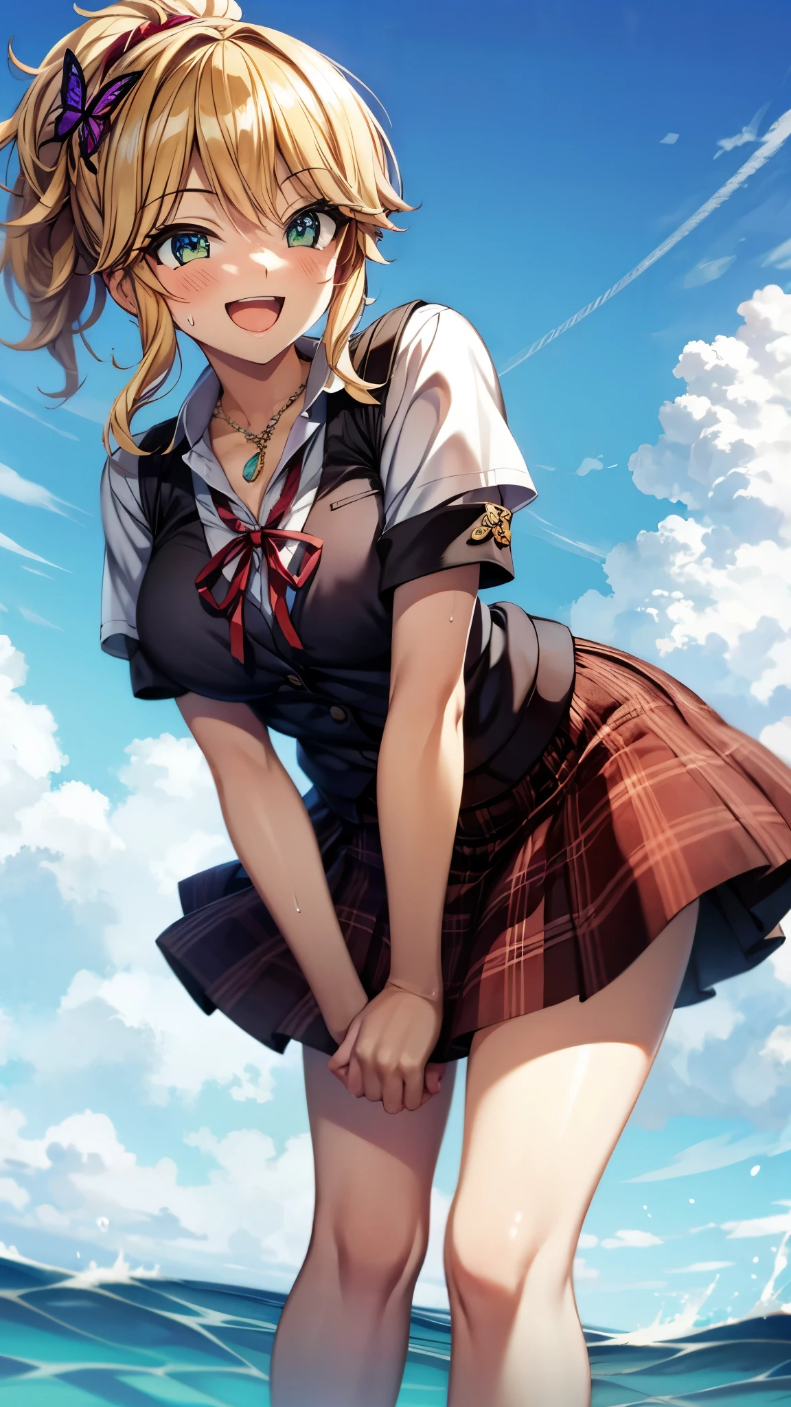 （super high quality,Ultra-high resolution,16k,super masterpiece,Ultra HD ,Detailed shading and background,）Shooting from below,One Girl, ponytail, Purple Swallowtail Butterfly Barrette and Necklace ,Short-sleeved white dress shirt,Red ribbon tie,Blue Plaid Mini Skirt ,smile,blush,Open your mouth a little,Sweaty,Blue sky and sea with clouds and sun visible,Lean forward,