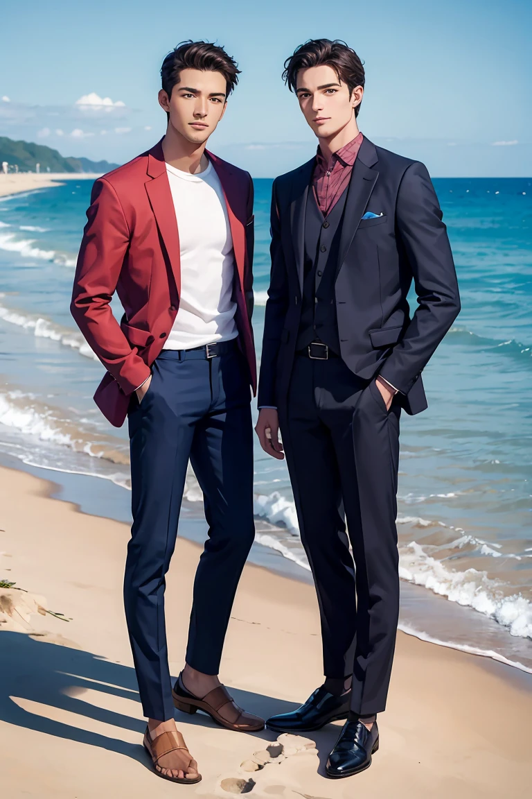 masterpiece,best quality, Two Handsome Men ,Polite Casual Wear ,beach