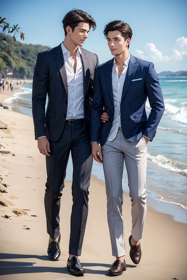 masterpiece,best quality, Two Handsome Men ,Polite Casual Wear ,beach