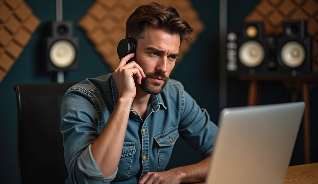 Man with white hair taper cut fade forward who has a black sweater plus a piercing in his nose sitting at a computer with large headphones in the nature atmosphere smoking a cigarette