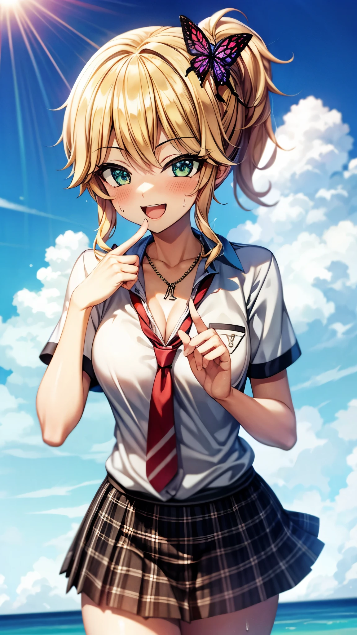 （super high quality,Ultra-high resolution,16k,super masterpiece,Ultra HD ,Detailed shading and background,）Shooting from below,One Girl, ponytail, Purple Swallowtail Butterfly Barrette and Necklace , short sleeve unbuttoned white cutter shirt,Red ribbon tie,navy blue plaid mini skirt ,smile,blush,Open your mouth a little,Sweaty,Blue sky and sea with clouds and sun visible,Lean forward,