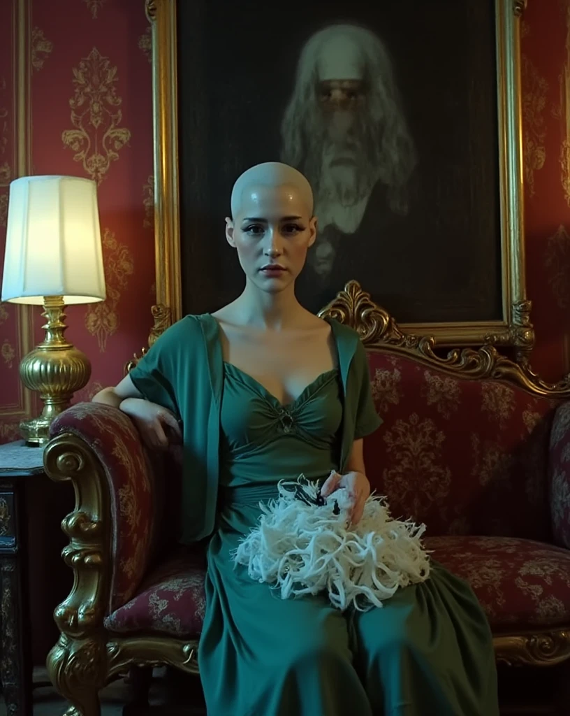 (A woman is longingly looking at the viewer), the scene is a surreal, luxurious image of a woman sitting elegantly on a lavish, baroque-style couch with ornate golden carvings. She is dressed in a flowing, green dress with delicate lace details that catch the soft ambient light. (((Her head is shaved bald and pale white))), similar she has a pale freckled ethereal face. The room around her is richly decorated, with heavy velvet curtains in a deep crimson hue and walls adorned with intricate, golden floral patterns. A vintage lamp casts a warm glow, contrasting with the cool blue light that illuminates her. ((There is a large pile of hair on center of her lap)). ((On display on top the pile of hair is a pair of hair clippers visible to the viewer)). The scene has a cinematic, dreamlike quality, with subtle hints of abstraction—the colors appear rich and saturated, giving the room an almost otherworldly atmosphere. (In the background, a mysterious, shadowy detailed painting of her with long flowing hair, hangs on the wall), adding a sense of intrigue. Both the painting and her are in focus.
