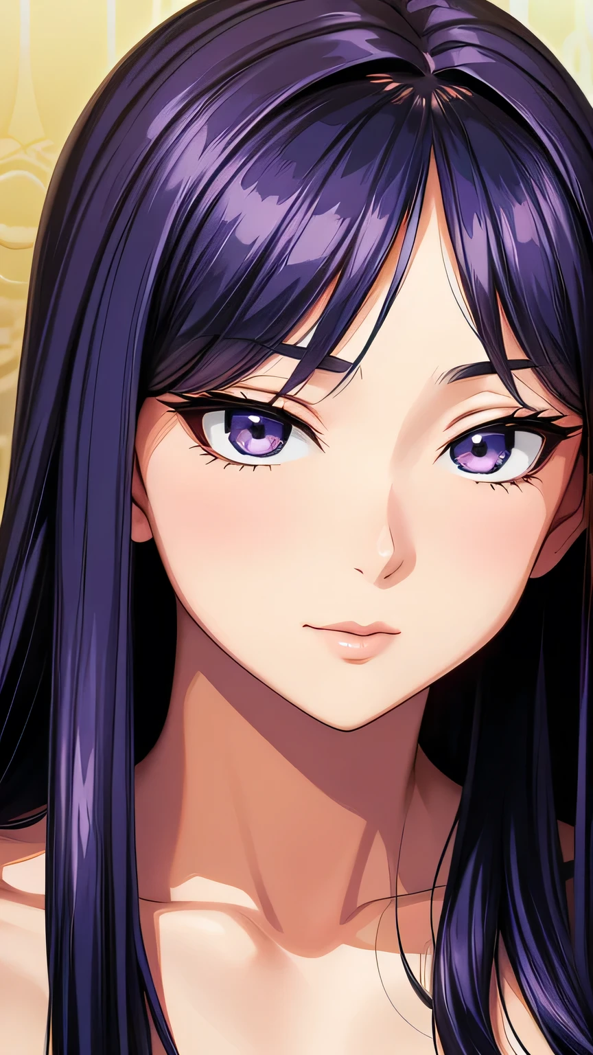 photorrealistic, Lip gloss, Realistic, best quality, Ultra high resolution, DeepL, pastel colored, natural shading, facefocus, just the face, Looking at the Viewer, long  hair, purple hair, pretty detailed eyes, black gown, mitts, anatomically correcte