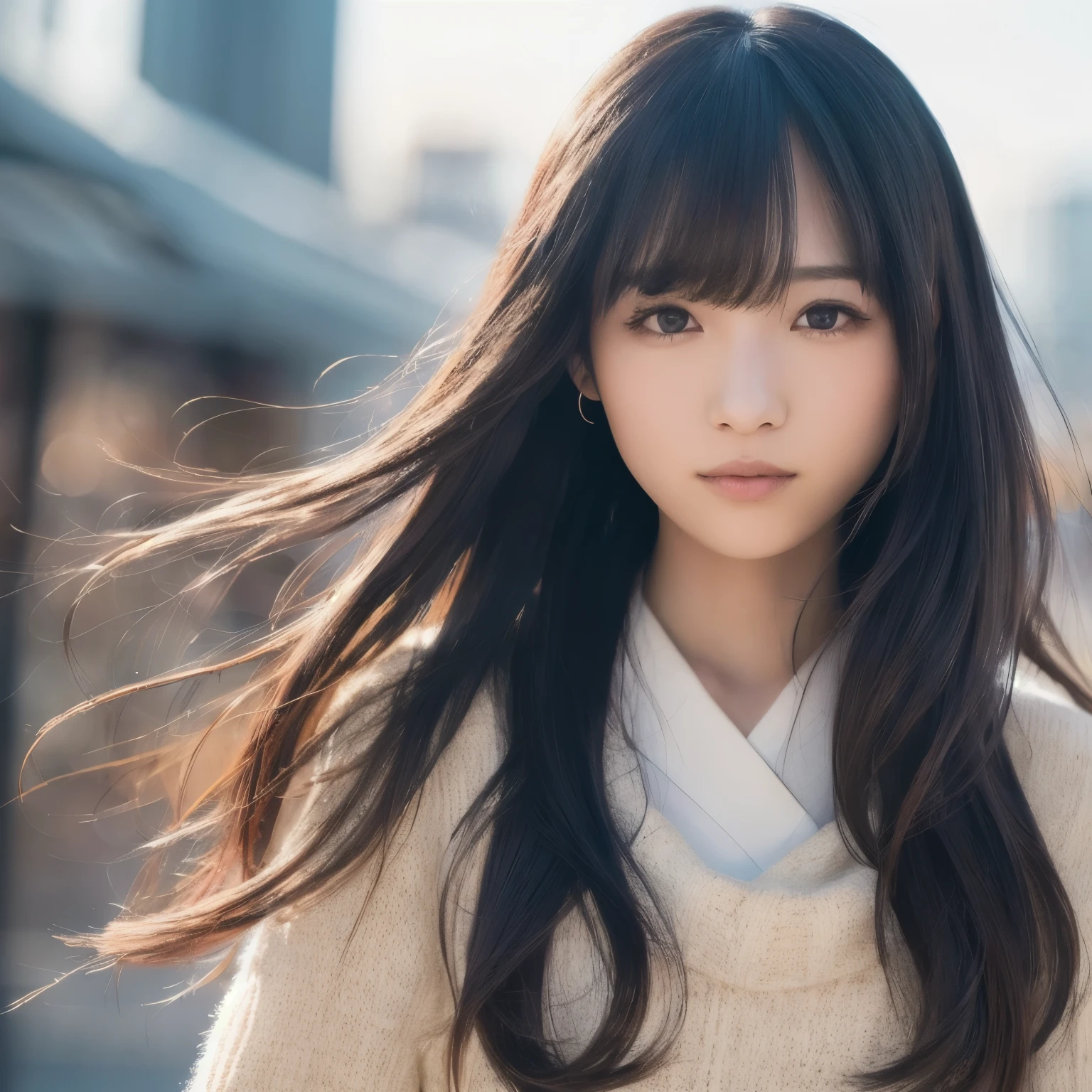 best quality, actual, super detailed, finely, high resolution, 8k wallpaper, 1 japanese woman,25yo,long hair , choppy bangs, ((slender)),((portrait)),
