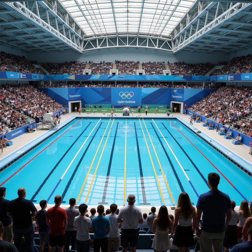 Panoramic vistas : inside 这 Olympic swimming pool, with 这 five Olympic rings logo,  viewers watching and talking, 这 pool looks calm, tennis court