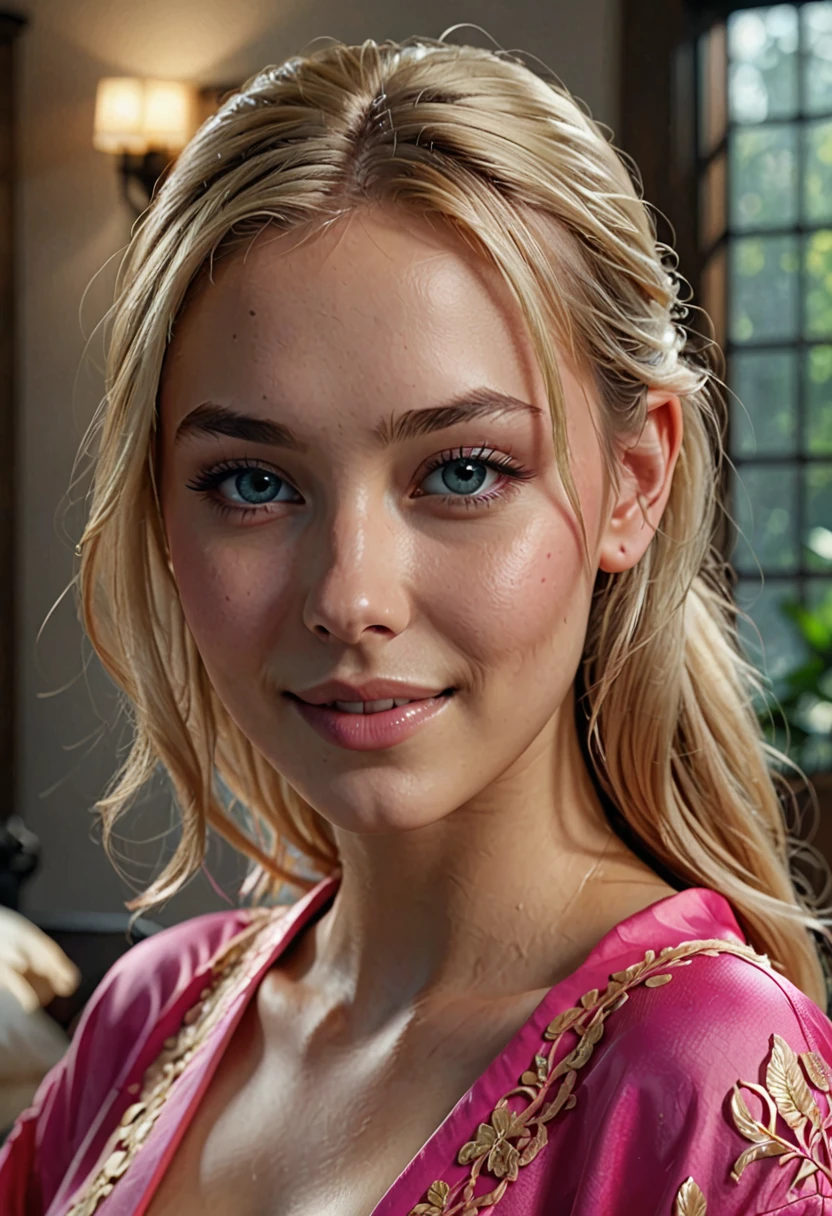 score_9, score_8_up, score_7_up,hyper-realistic,hyperdetailed,8k,still film,perfect lighting,cinematic lighting,realistic photo,(1girl),Beautiful 21 year old woman,(wearing a long open hot pink lace robe),blonde hair, ponytail,cute face,beautiful eyes,high quality eye details,realistic skin texture,beautiful face,sexy,seductive smile,indoors, blushing, horny, (big breasts:1.32), (perfect detailed nipples),(perfect shaved pussy),(perfect butt),supermodel, curvy body,highly detailed,realistic shadows,