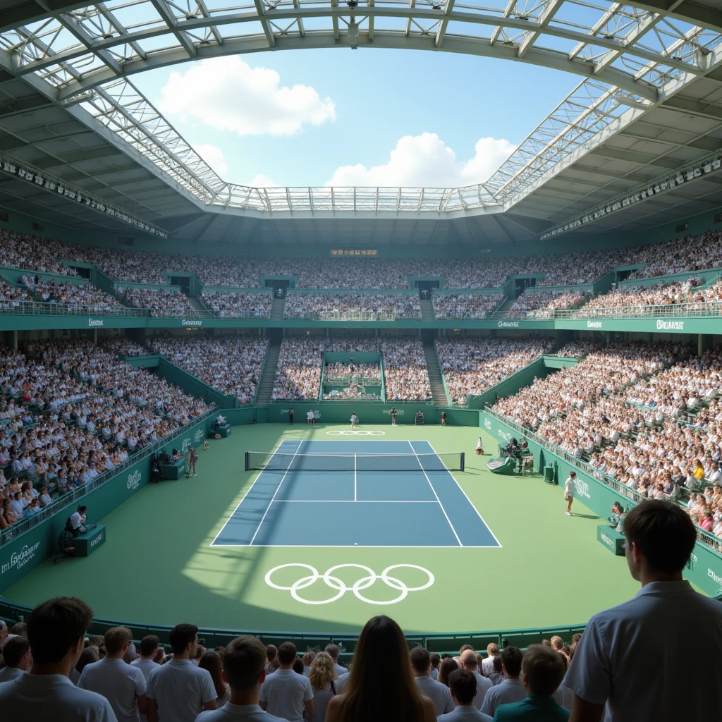 Panoramic vistas : inside 这 Olympic tennis court, with 这 five Olympic rings logo,  viewers watching and talking, 这 pool looks calm, tennis court