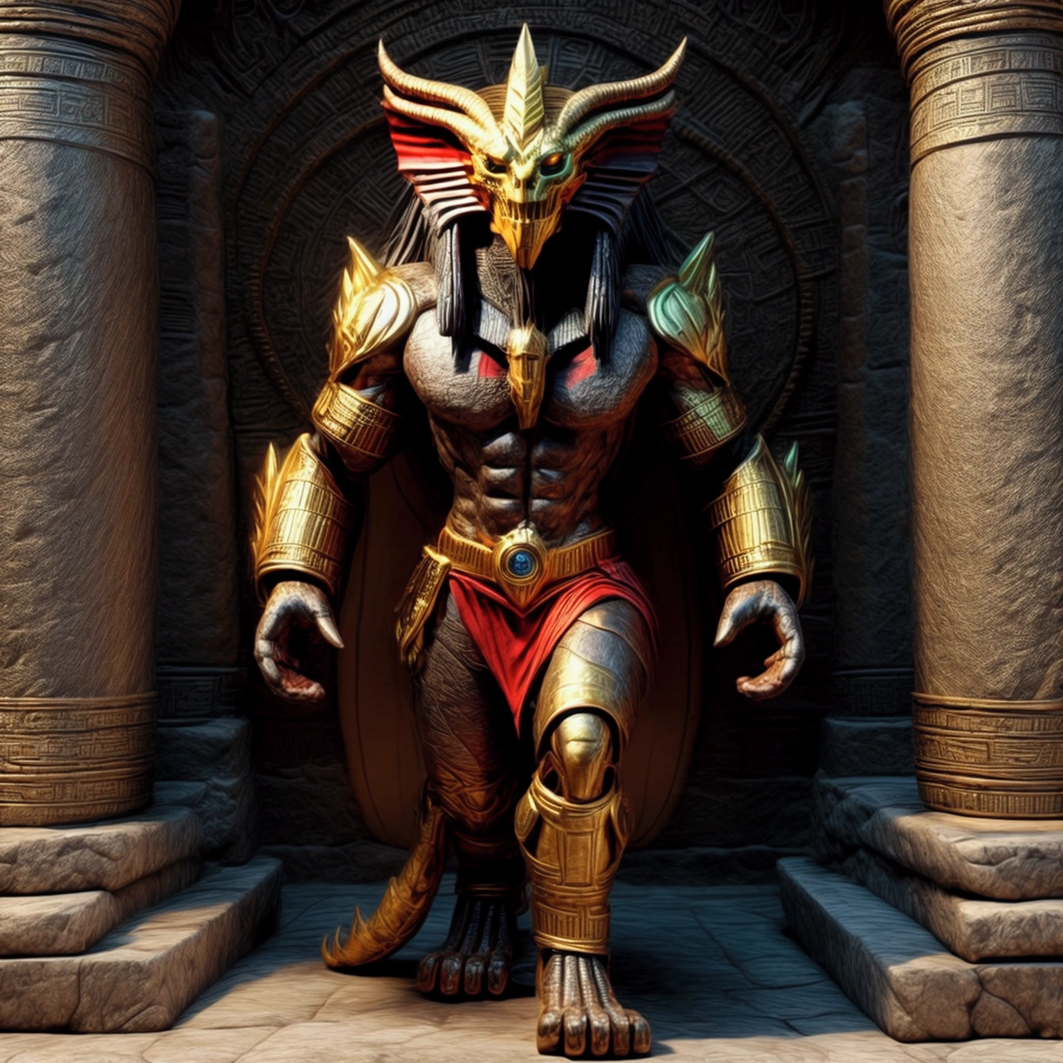 3D renderings, full-body images, toys, plastic models, one action figure kit, fusion of ancient relics, vivid colors, evil gods, demon monsters, powered suits, holding flaming swords, walking upright on two legs, sphinx heads, sunshade clay figurine head designs on chests, Jomon pottery patterns, crystal skulls, the god Ifa, giant Yaksha statues of Ashura, Garuda from Eastern mythology, humanoids from Inca and Mayan civilizations, ornaments and patterns from ancient civilizations, murals designed on limbs, humanoids, vibrant color digital images.