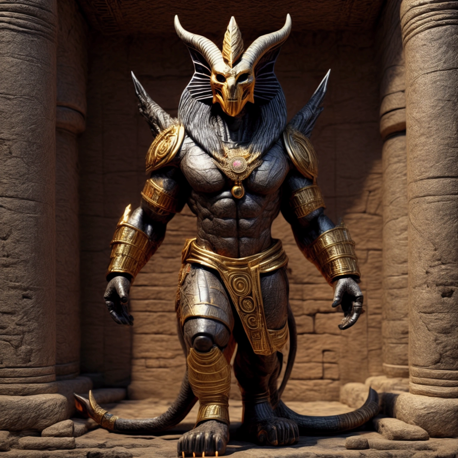 3D renderings, full-body images, toys, plastic models, one action figure kit, fusion of ancient relics, vivid colors, evil gods, demon monsters, powered suits, holding flaming swords, walking upright on two legs, sphinx heads, sunshade clay figurine head designs on chests, Jomon pottery patterns, crystal skulls, the god Ifa, giant Yaksha statues of Ashura, Garuda from Eastern mythology, humanoids from Inca and Mayan civilizations, ornaments and patterns from ancient civilizations, murals designed on limbs, humanoids, vibrant color digital images.