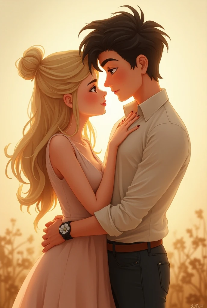 Animated Couple Relationship: White man with straight brown hair, 2, and Black woman with straight light blond copper hair, 1