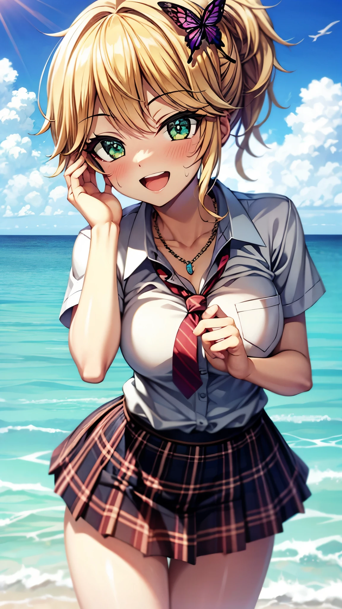 （super high quality,Ultra-high resolution,16k,super masterpiece,Ultra HD ,Detailed shading and background,）Shooting from below,One Girl, ponytail, Purple Swallowtail Butterfly Barrette and Necklace , short sleeve unbuttoned white cutter shirt,Red ribbon tie,navy blue plaid mini skirt ,smile,blush,Open your mouth a little,Sweaty,Blue sky and sea with clouds and sun visible,Lean forward,