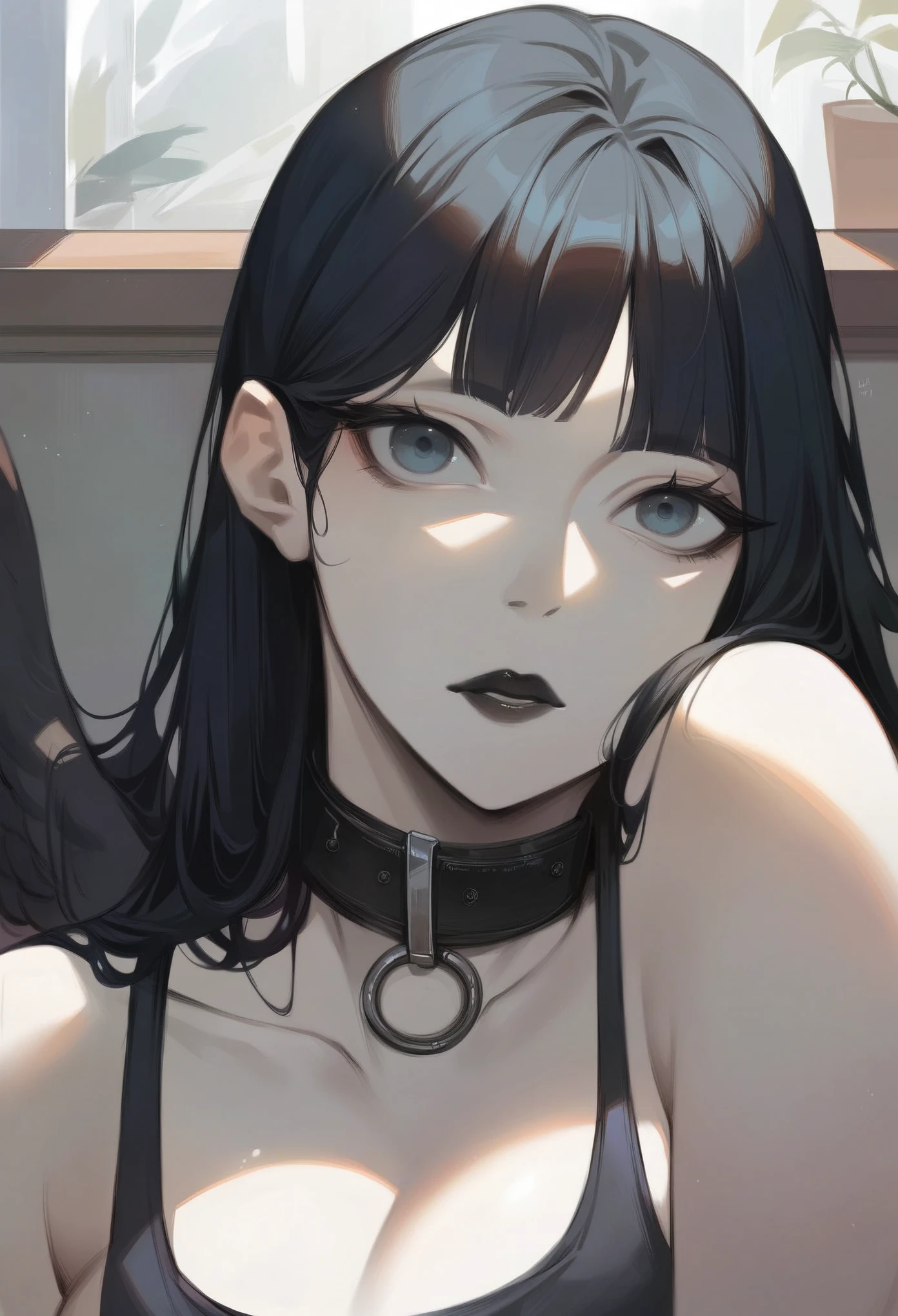 NSFW, 1Woman, ((best quality)), ((masterpiece)), (detailed), beautiful face, (defiance512:1.2), solo, (((black hair))), (((sexy goth outfit))), (((black lipstick))), (((eyeliner))), (((dark eyeshadow))), (((ahego face))), (((long hair))), (((dark black eye colour))), (((evil smile dominant expression))), (((bedroom background))), bed, desk, window, led lighting, goth wallpaper, guitar, rug, dark lighting, (evil:1.2), looking at viewer, (interview:1.3), intense seductive gaze, contrasting soft skin, (lighting:1.2), ((best quality)), ((masterpiece)), (detailed), perfect face, (((close-up face view)))