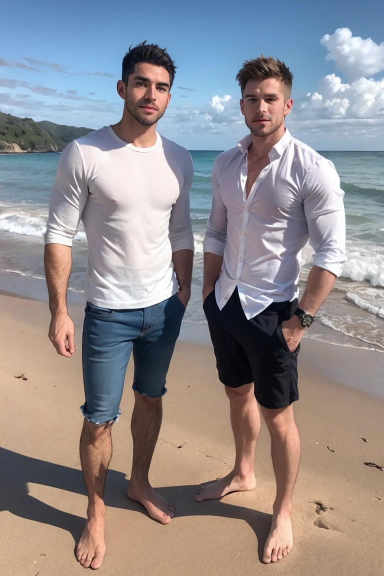 Wide Shot, Realistic , handsome men ,beach