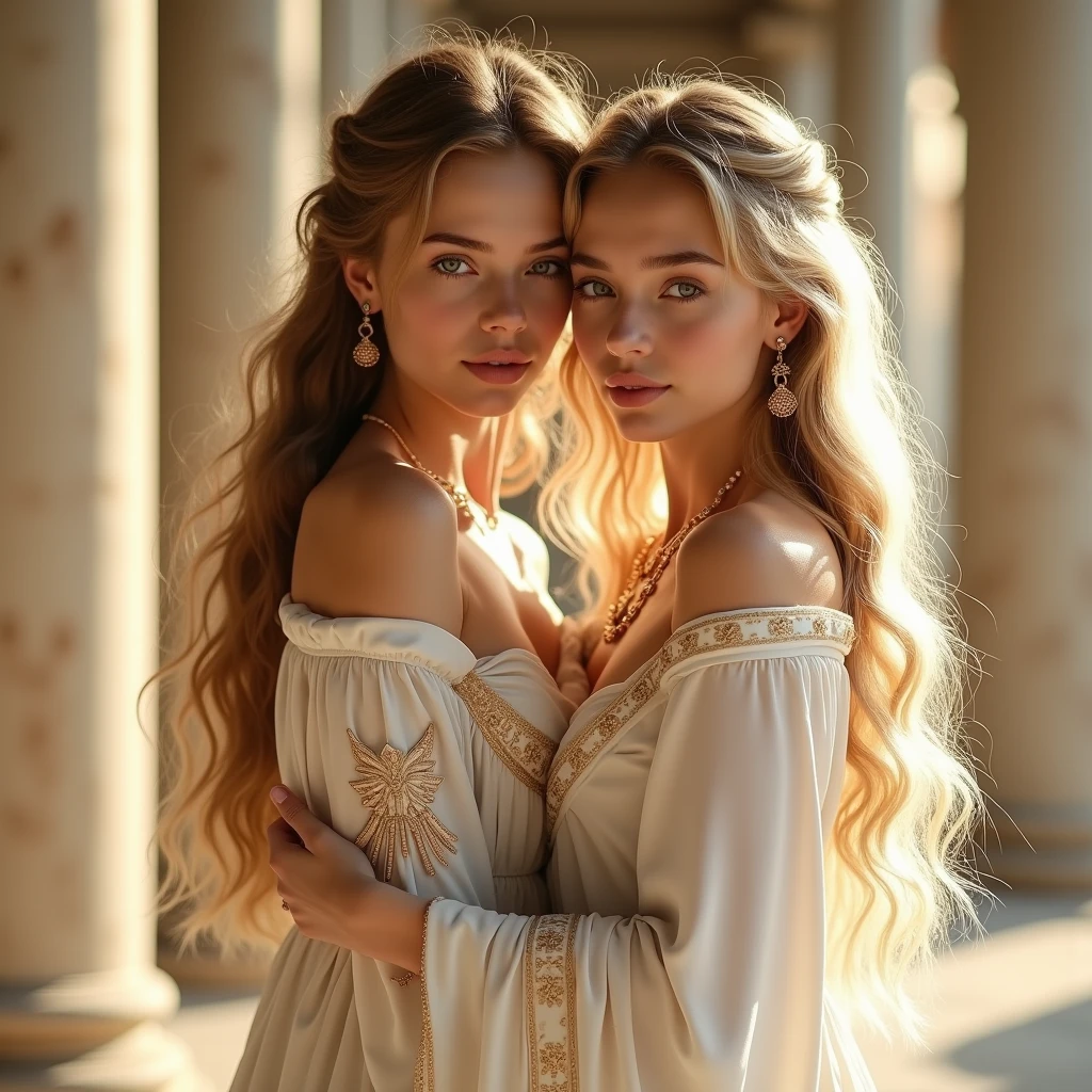 Two very beautiful virgins, Brown-haired Artemis from Greek mythology, Freyja the Blonde in Norse Mythology, whole body, Looking at the camera