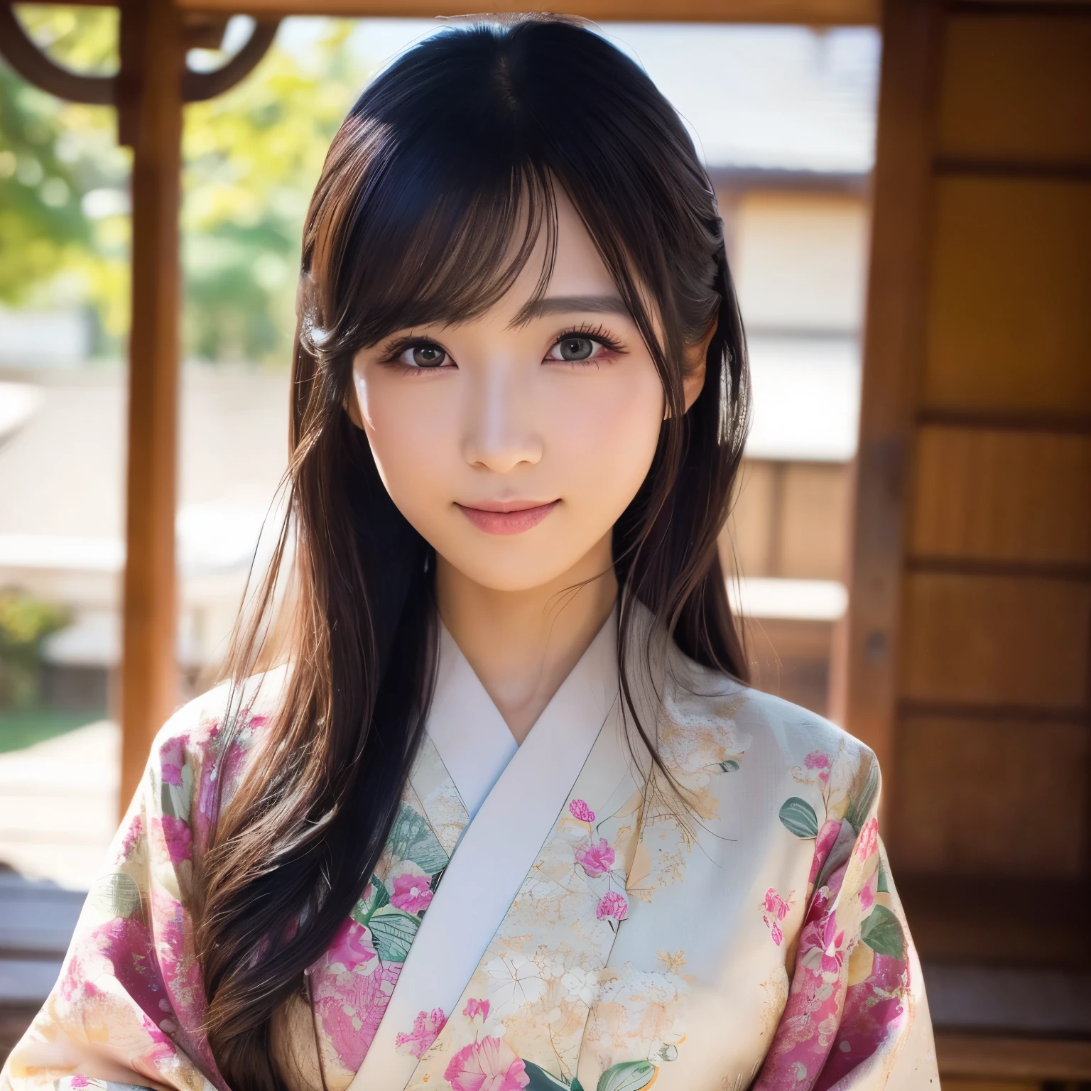 (best quality,highres,ultra-detailed),((portrait )),1beautiful Japanese lady,beautiful detailed eyes,beautiful detailed lips,extremely detailed face,longeyelashes,soft smile,flowing hair,natural lighting, wearling japanese elegant Kimono,